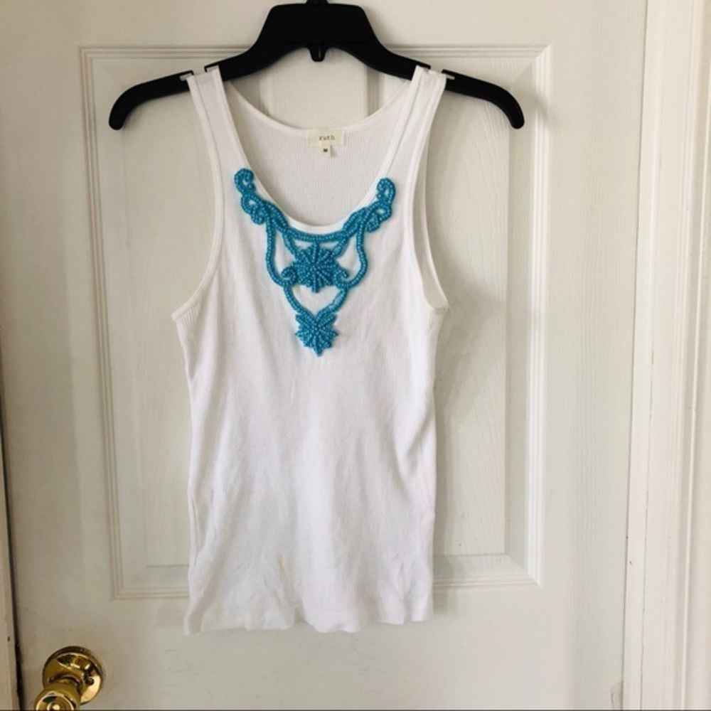 RUTH White turquoise cotton ribbed beaded tank top size medium